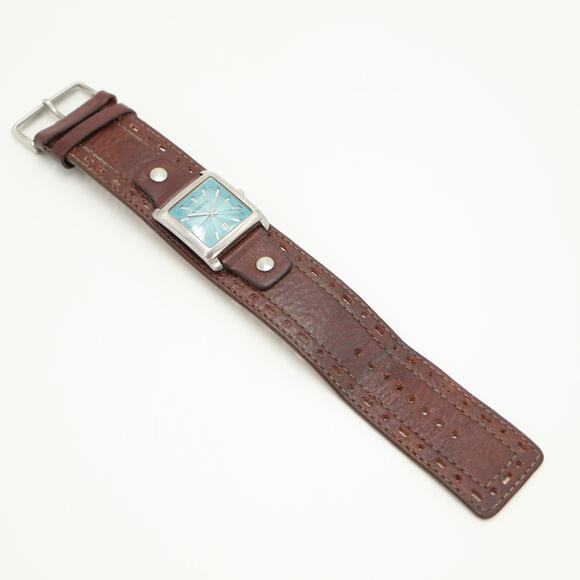 Vintage Fossil Y2K Blue Square 26mm Date Dial Watch Brown Leather w New Battery - Picture 11 of 12
